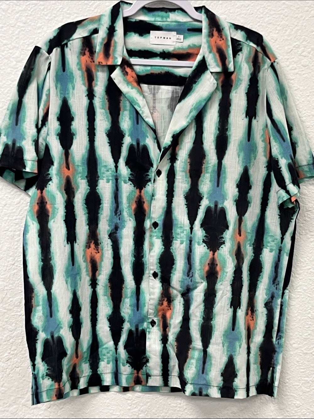 Topman Aqua, Black & Coral Abstract Stripe Camp Shirt #1066